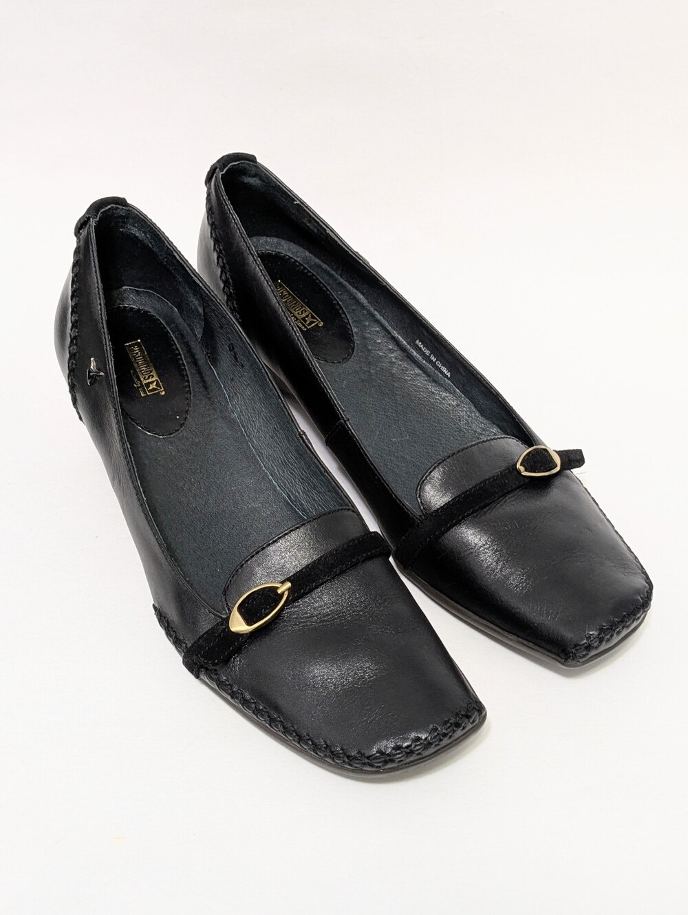 PIKOLINOS EU 40 US 9.5 Black Leather Square Toe Wedges Gold Buckle Stitched LNC